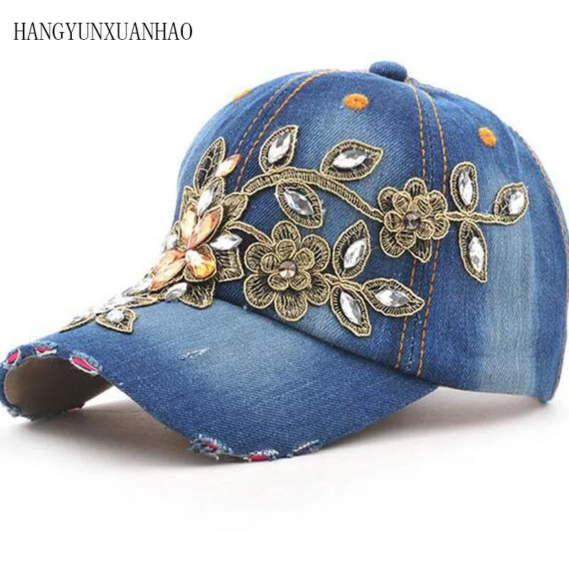 

Delicate 2019 New Women Diamond Flower Baseball Cap Summer Style Lady Jeans Hats Fashion hip-hop cap Hot Selling wholesale