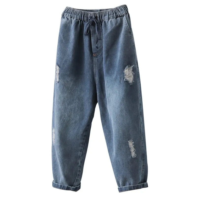 Стиль, рваные хлопковые свободные джинсы с эластичной резинкой на талии, один размер, повседневные джинсовые штаны с карманами и завязками - Цвет: Синий