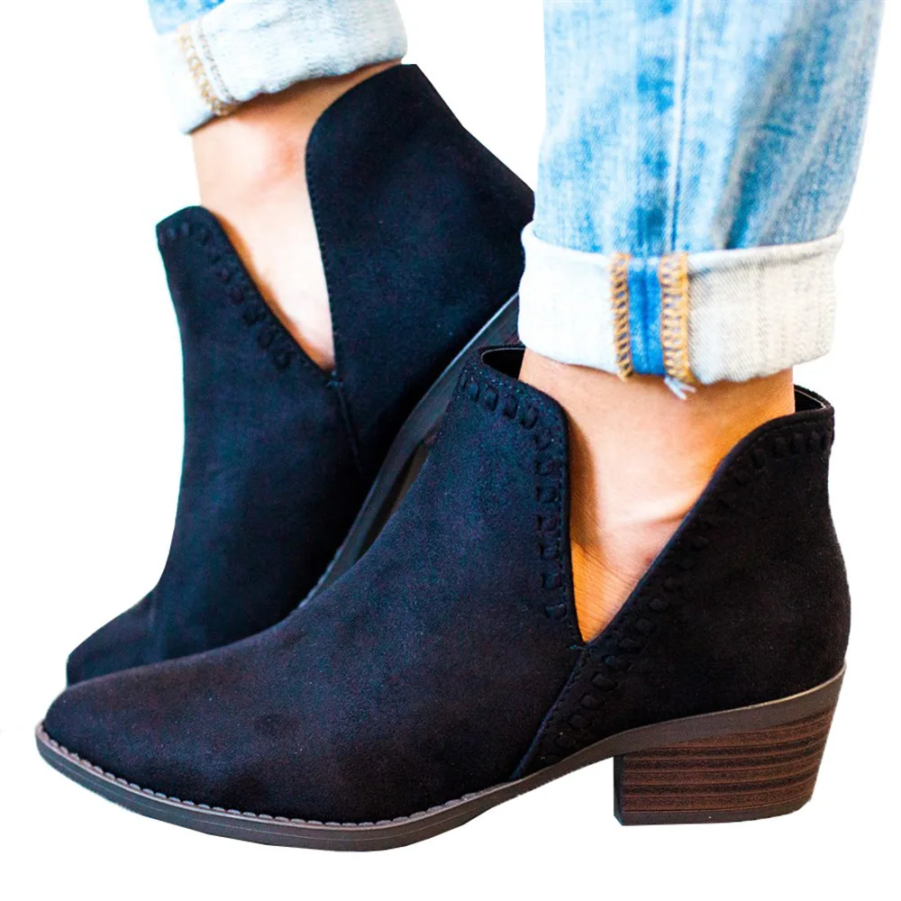 

GOXPACER Autumn Winter Vintage Women Boots Slip On Ankle Shoes Women Casual Middle Heel Fashion Round Toe Sewing Free Shipping