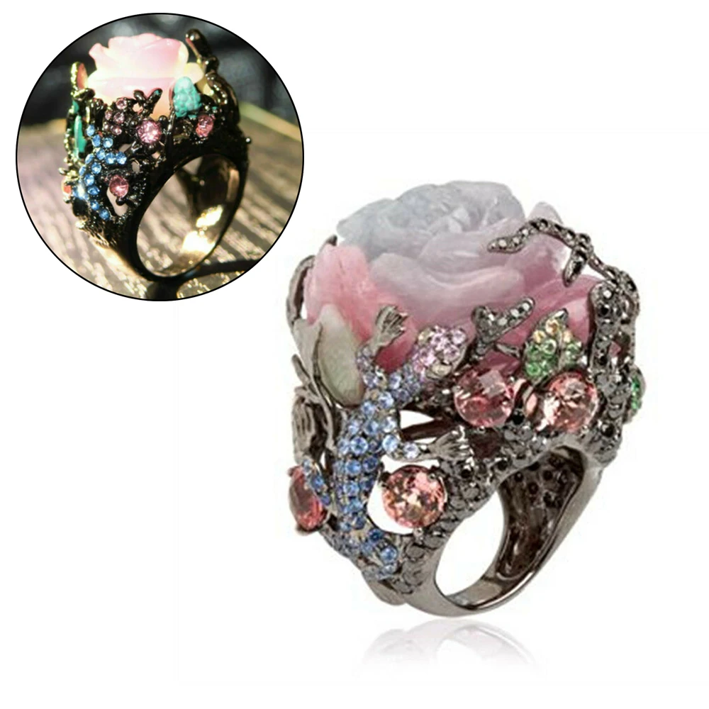 

Vintage Black Gold Ring Peony Flower Tree Vine Natural Stone Lizard Handmade Jewelry Lady Multi-Color Ring Punk Size 6-10 2019
