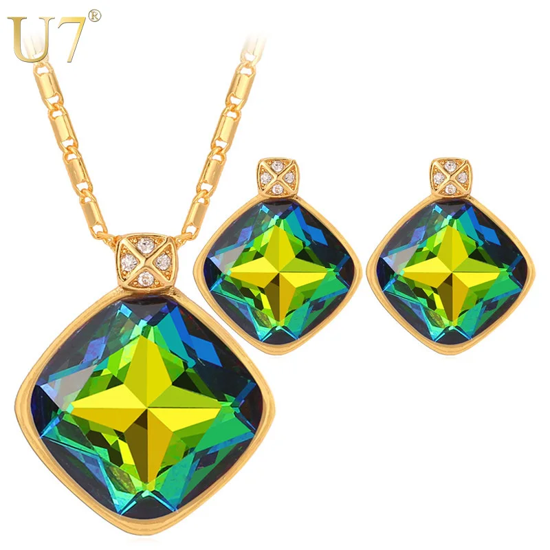 

U7 Green Crystal Earrings And Charm Necklace Set For Women Gold Color Luxury Square Rhinestone Engagement Jewelry Sets S1001