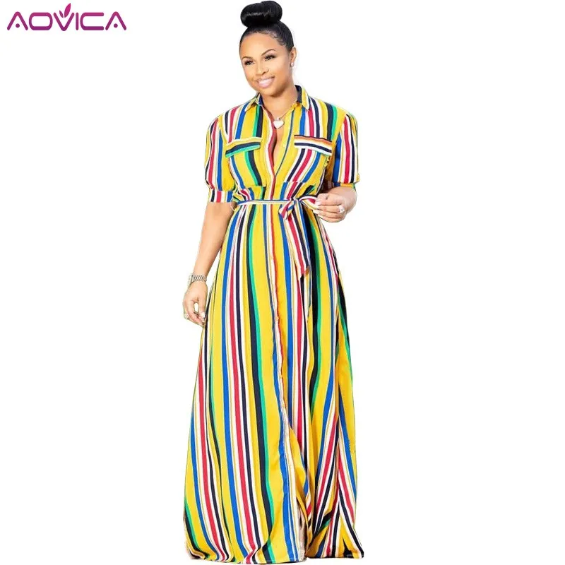 

Aovica 2018 New Elegant Style Brand Fashion Women Long Dress Striped Turn-down Collar Short Sleeve Belt Maxi Dress Vestidos