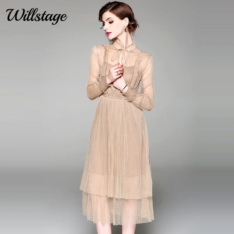 Willstage Little Black Lace dress Sexy Hollow out dot Mesh Long Dresses Ruffles up Elegant party 2019 Summer Vestidos | Женская одежда