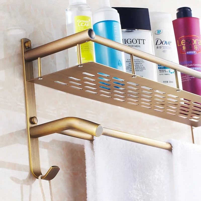 VidricShelves 2 Tier Antique Brass Bath Shelf Towel Bars Hanger Soap
