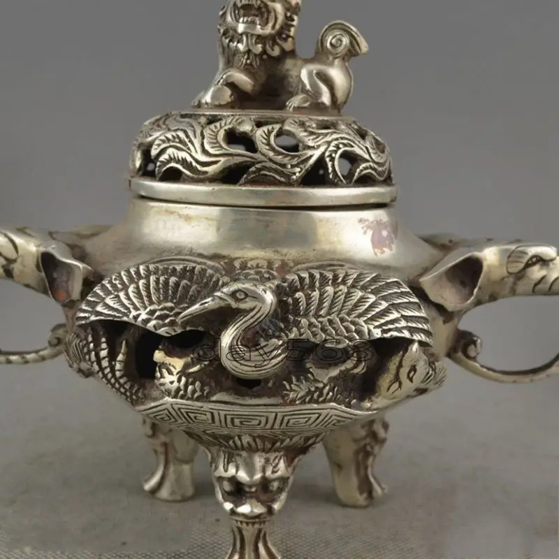 

Collectible Old Handwork Miao Silver Carve Crane Elephant Incense Burner