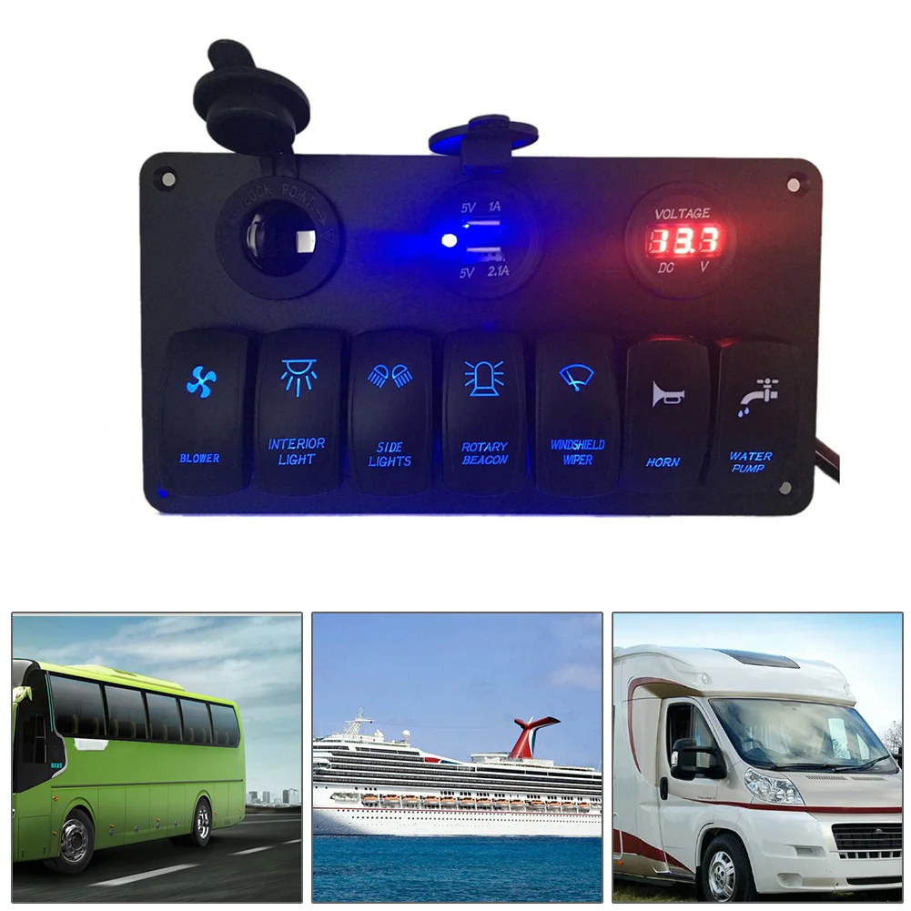 

6V-30V 7 Gang LED Switch Panel Circuit Breaker Charger Dual USB Socket IP65 Cigaretter Plug Voltmeter For Car Bus Yacht Camper