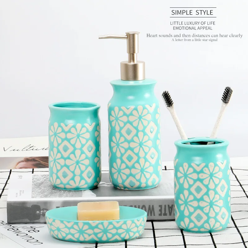 

ceramic bathroom supplies bathroom set(4 pieces) mug cup, BlUE FLOWER PATTERN