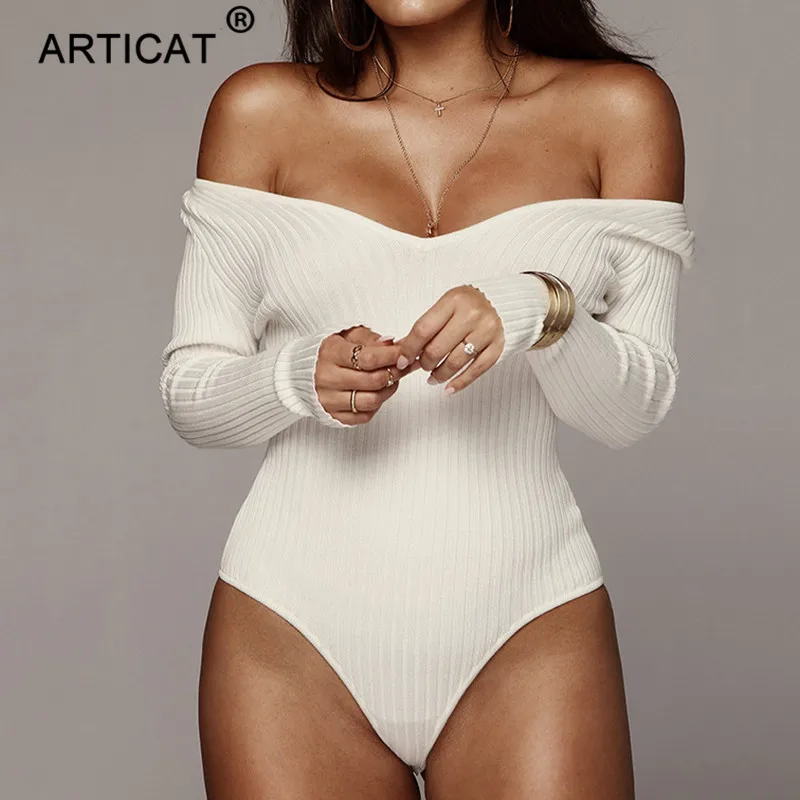 Articat Off Shoulder Ribbed Knitted Sexy Bodysuit Women Black V Neck Autumn Slim Rompers Womens Jumpsuit Winter Basic Bodysuits