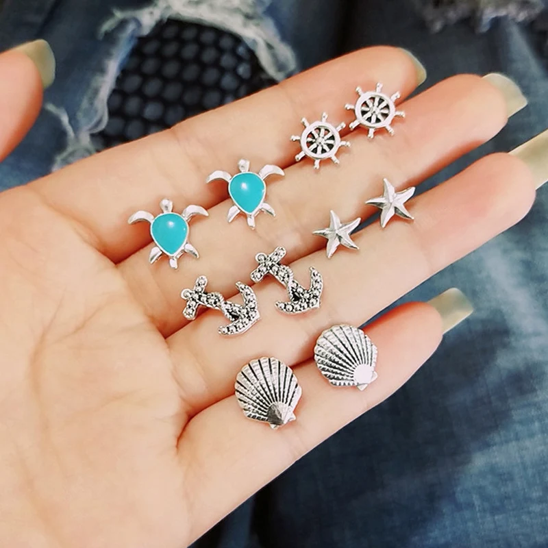 

5 Pairs Starfish Shell Crystal Anchor Turtle Stud Earrings for Women Party Bohemian Beach Boucle D'oreille Jewelry Brincos