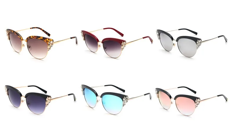 Peekaboo, Летний стиль, кошачий глаз, солнцезащитные очки, женские очки, полуоправы, роскошные стразы, солнцезащитные очки, кошачий глаз, зеркальные