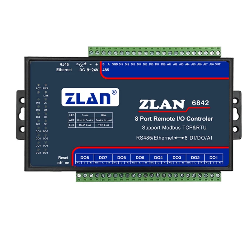 ZLAN6842 8 каналов порт дистанционного ввода/вывода контроллер RS485 Ethernet до 8 цифровой вход выход Поддержка modbus TCP RTU заменить ZLAN6802