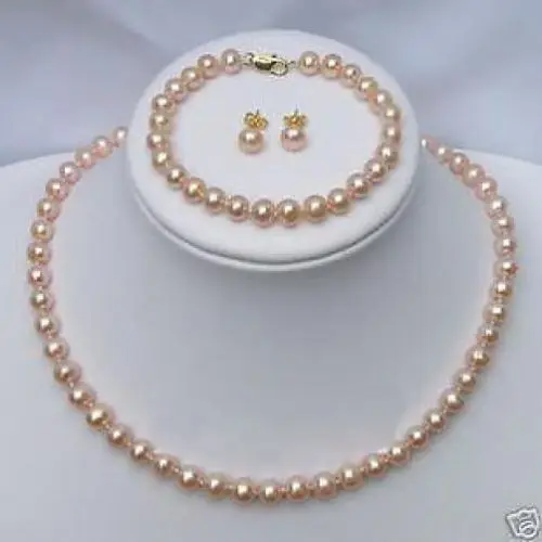 

FREE SHIPPING6-7 MM pink freshwater cultured pearl necklace bracelet earring set (A0423)