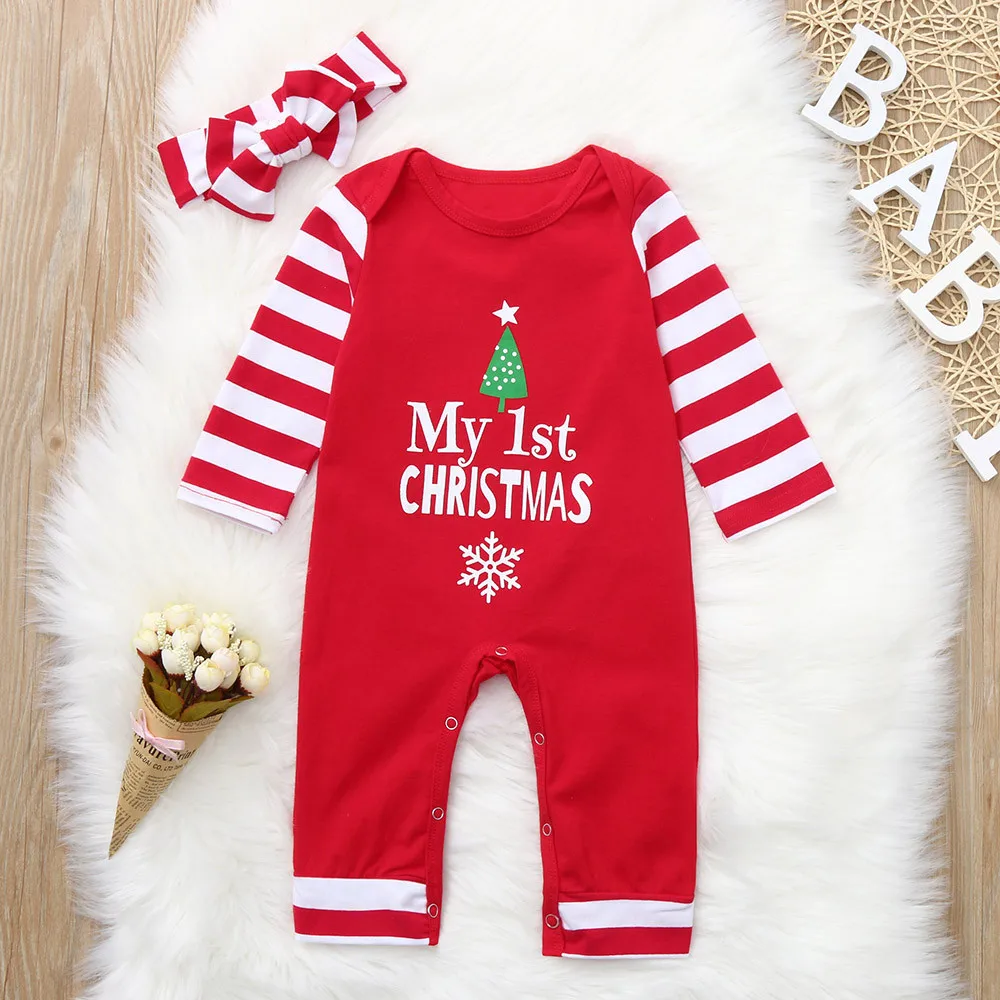 

Cute Romper Infant Baby Christmas Fashion Lovely Letter Print Striped Jumpsuit Romper+Headband Soft Outfit disfraz bebe Romper