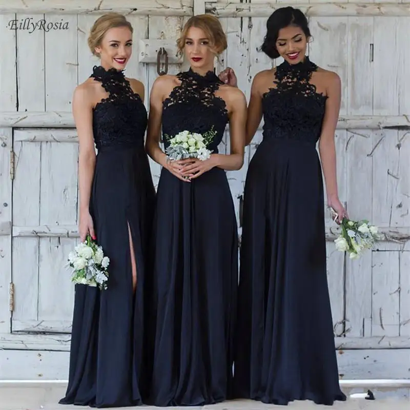 Dark Navy Blue Chiffon Bridesmaid Dress For Wedding Party Lace