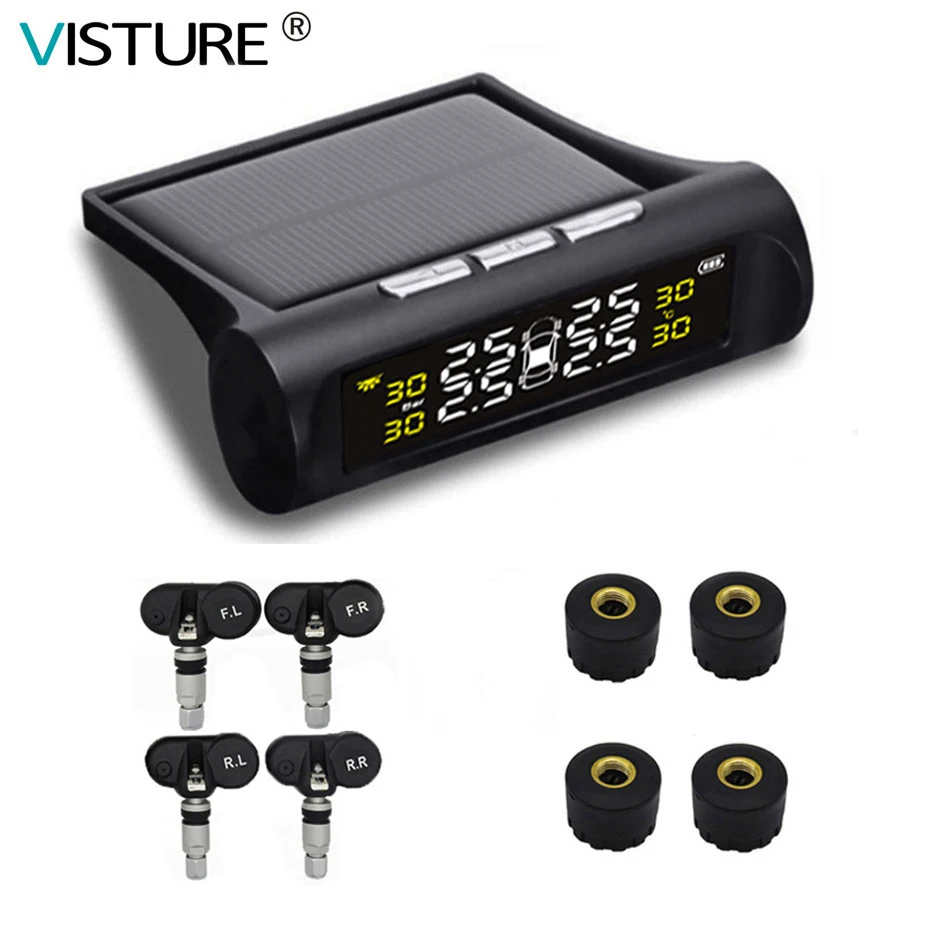 Solar TPMS Car Tire Pressure Alarm Monitor System 4 Wheel Internal External Tyre Sensor Temperature Alert D02W D02N D01W Visture