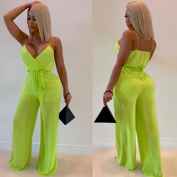 

2019 Women Spaghetti Strap V-Neck Jumpsuit Lace Up High Waist Playsuit Club Sexy Mesh Patchwork Overalls