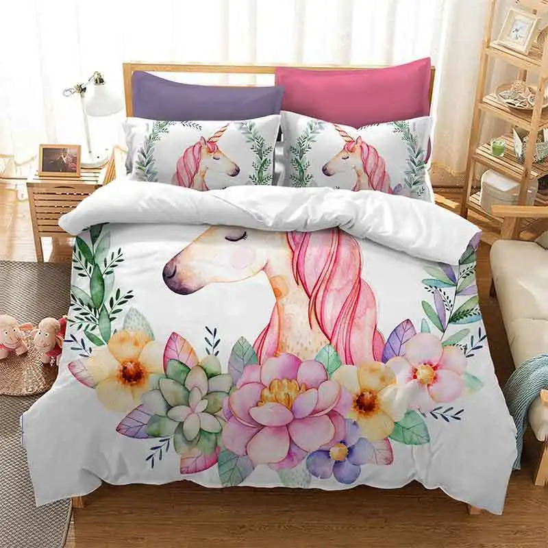 Cartoon Unicorn Bedding Set Floral Printed Bed linens Queen King Size
