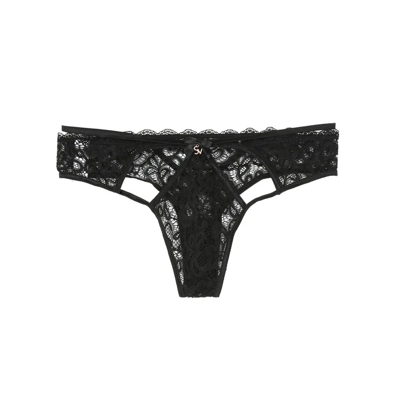 Vogue Hollow Out Transparent Thongs Sexy Panties Women Fashion G-String Seamless Underwear Floral Solid Lace Porno Lingerie - Цвет: black