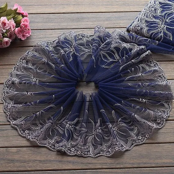 

2 Yards Lace Trim Exquisite Flowers Embroidered Deep blue Tulle Lace 8.26 Inches Wide High Quality