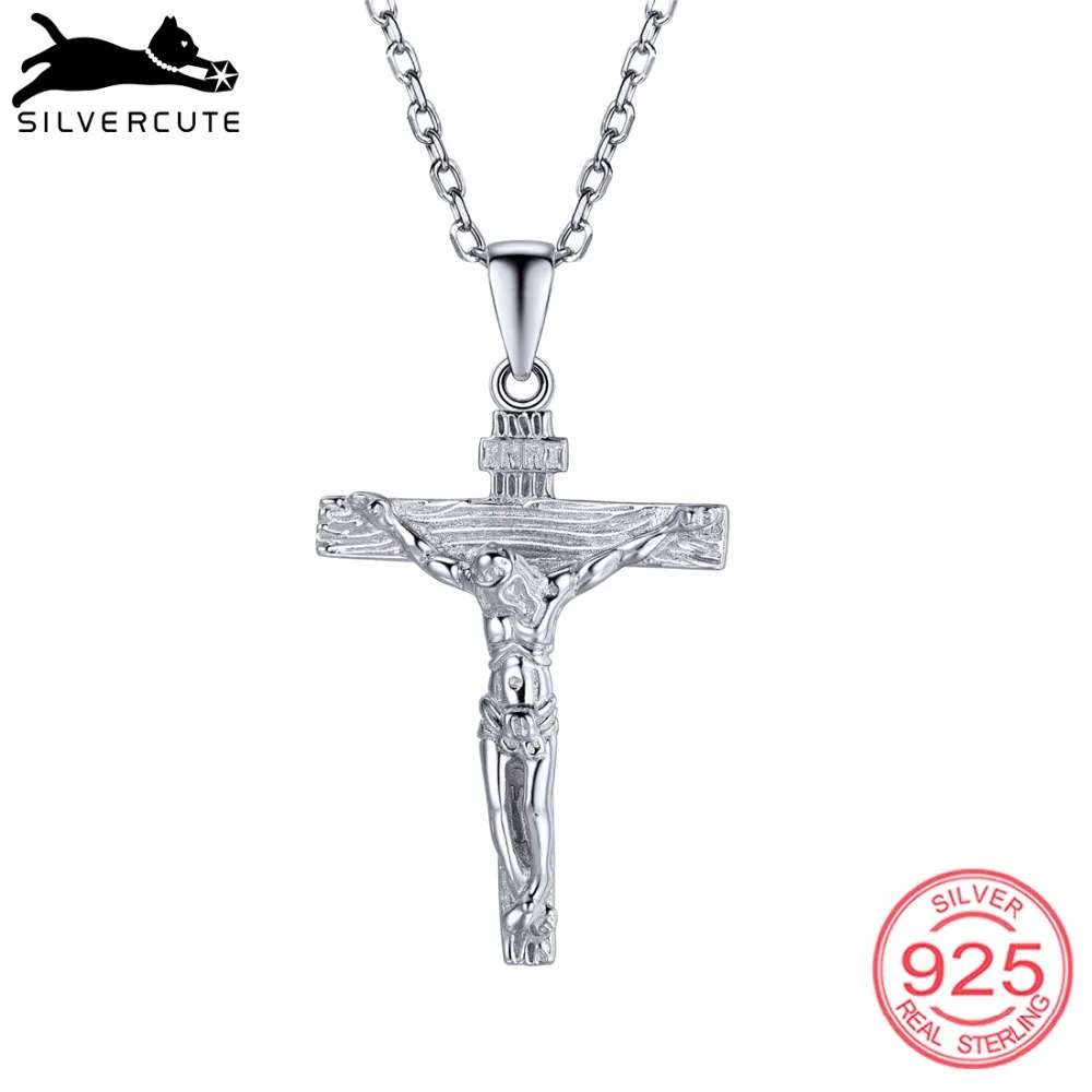 SILVERCUTE цельное 925 пробы Серебряное ожерелье Крест Иисуса Христа унисекс