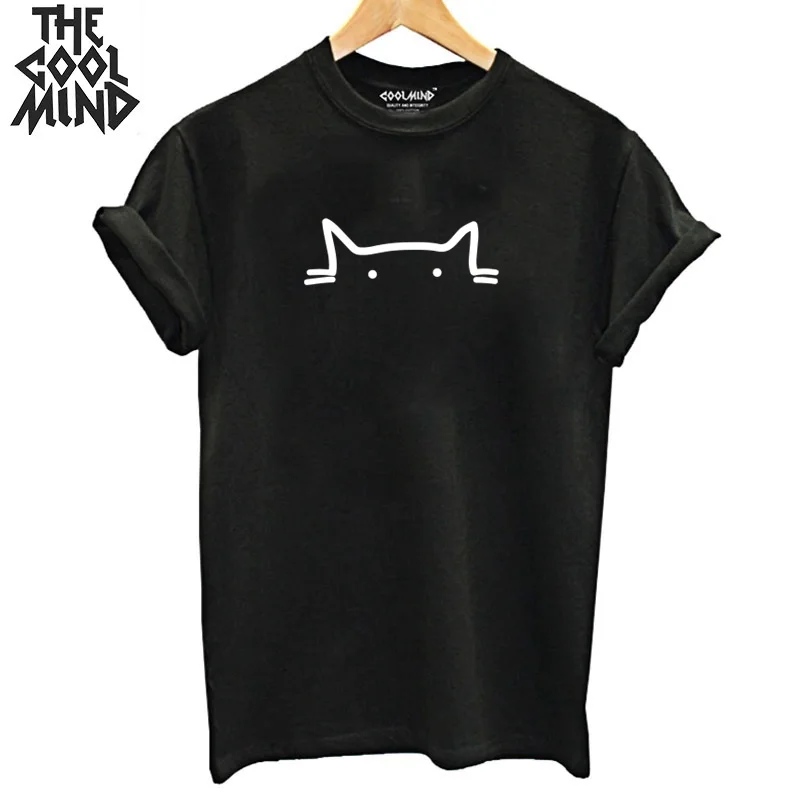 

COOLMIND 100% cotton short sleeve cat print women T shirt casual summer loose women Tshirt knitted o-neck t-shirt female tee