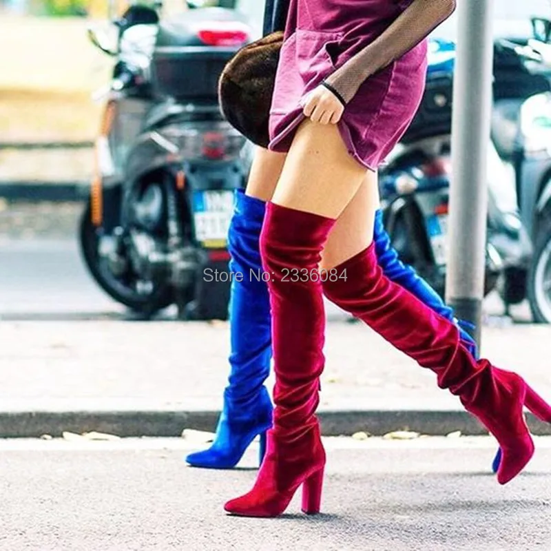 

Fashion Week Black blue red Women thigh boots high heel velvet over the knee boots celebrity over knee high boots hot fashion