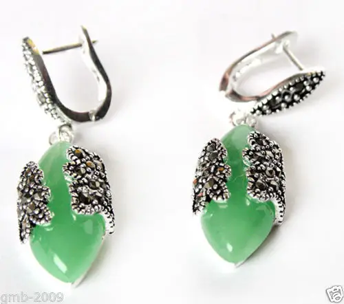 

NATURAL GREEN JADE GEMS MARCASITE FLOWER PIERCING 925 STERLING SILVER EARRINGS