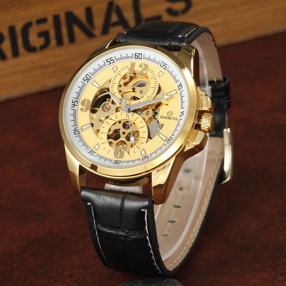 

GOER Luxury Brand Gold Mechanical Watches PU Leather Strap Men's Automatic Mechanical Skeleton Wrist Watches Relogio Masculino