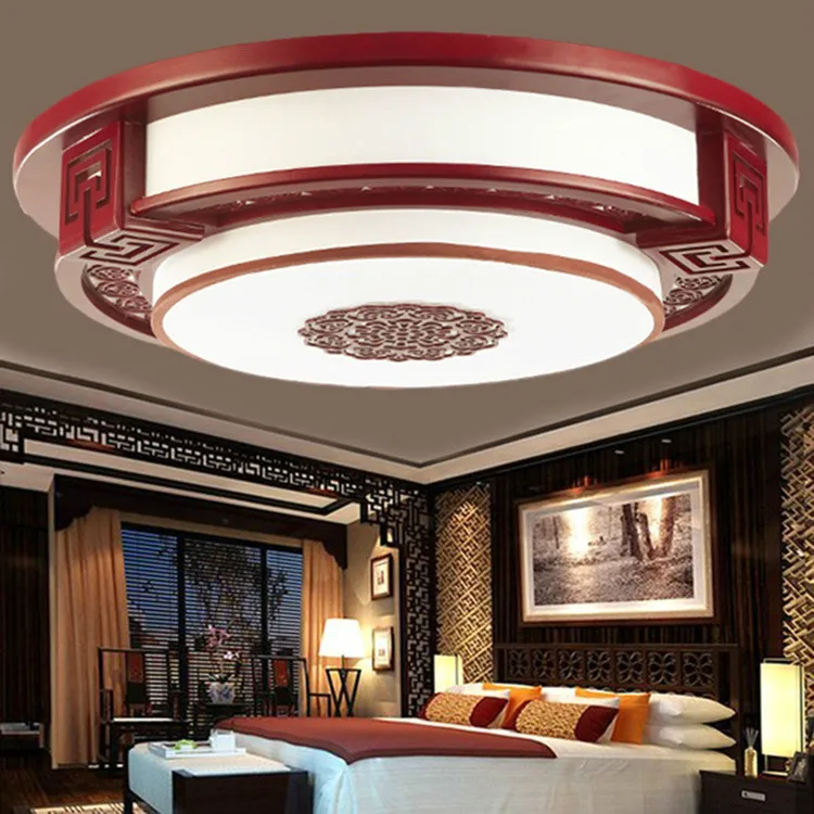 Vintage Chinese bedroom hollow red wood led ceiling lamp circular imitation sheepskin antique restaurant decoration lighting