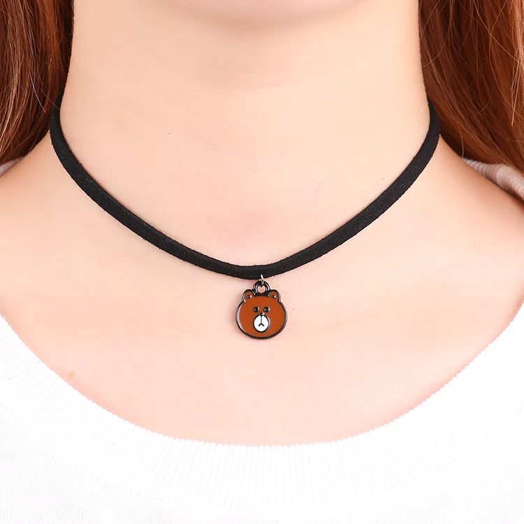 

Hot Sale Fashion Brown Bear Head Pendant Black Velvet Leather Statement Choker Simple Necklace for Women Torques Jewelry Bijoux