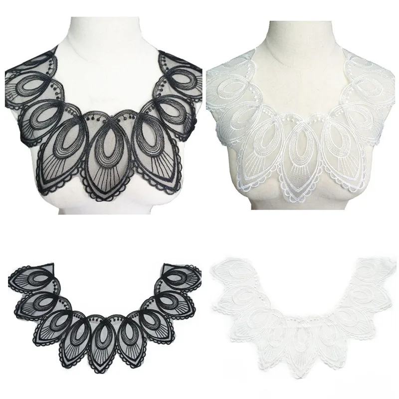 

42x12CM Black White Lace Trims Mesh Sew On Patches Flower Collar Feather Pattern Wedding Appliques For Bride Evening Dress DIY