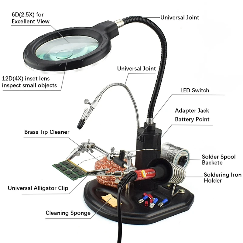 Beste 2.5X (6D) 4X (12D) 16 Smd Leds Vergrootglas Solderen Helpende Hand Desktop Vergrootglas Lassen Reparatie Hulpgereedschap