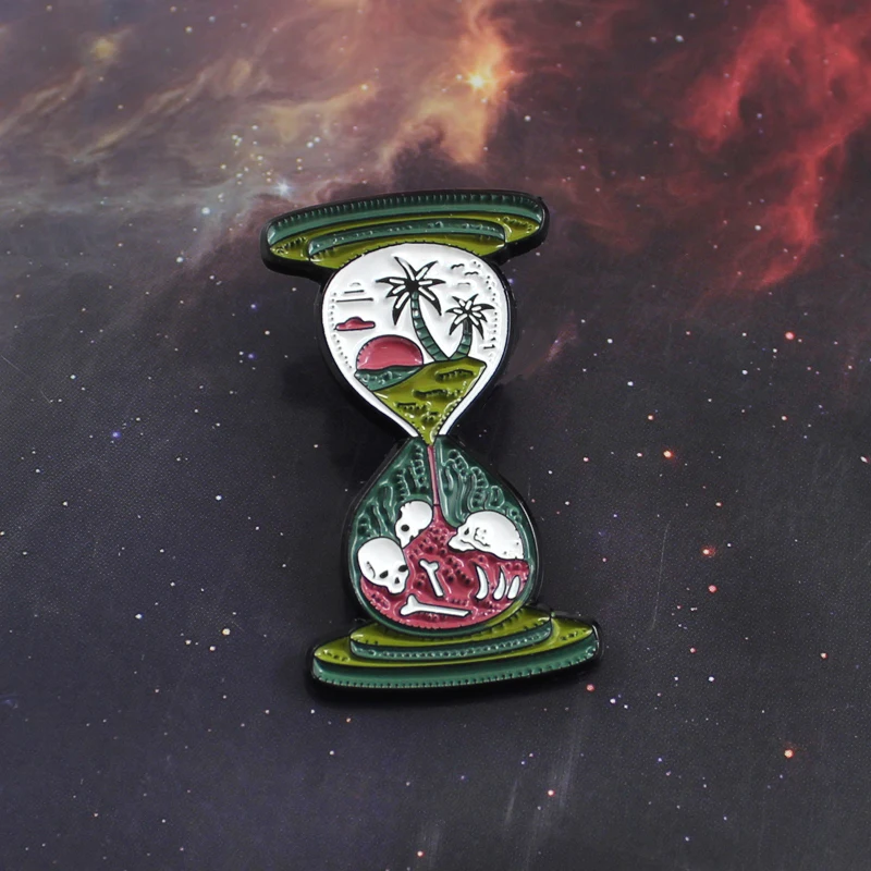 

Hourglass Memory Camping Adventure Brooch Island Sunset Coconut Tree Skull Skeleton Death Sand Enamel Pin Coat Badge Punk Gifts