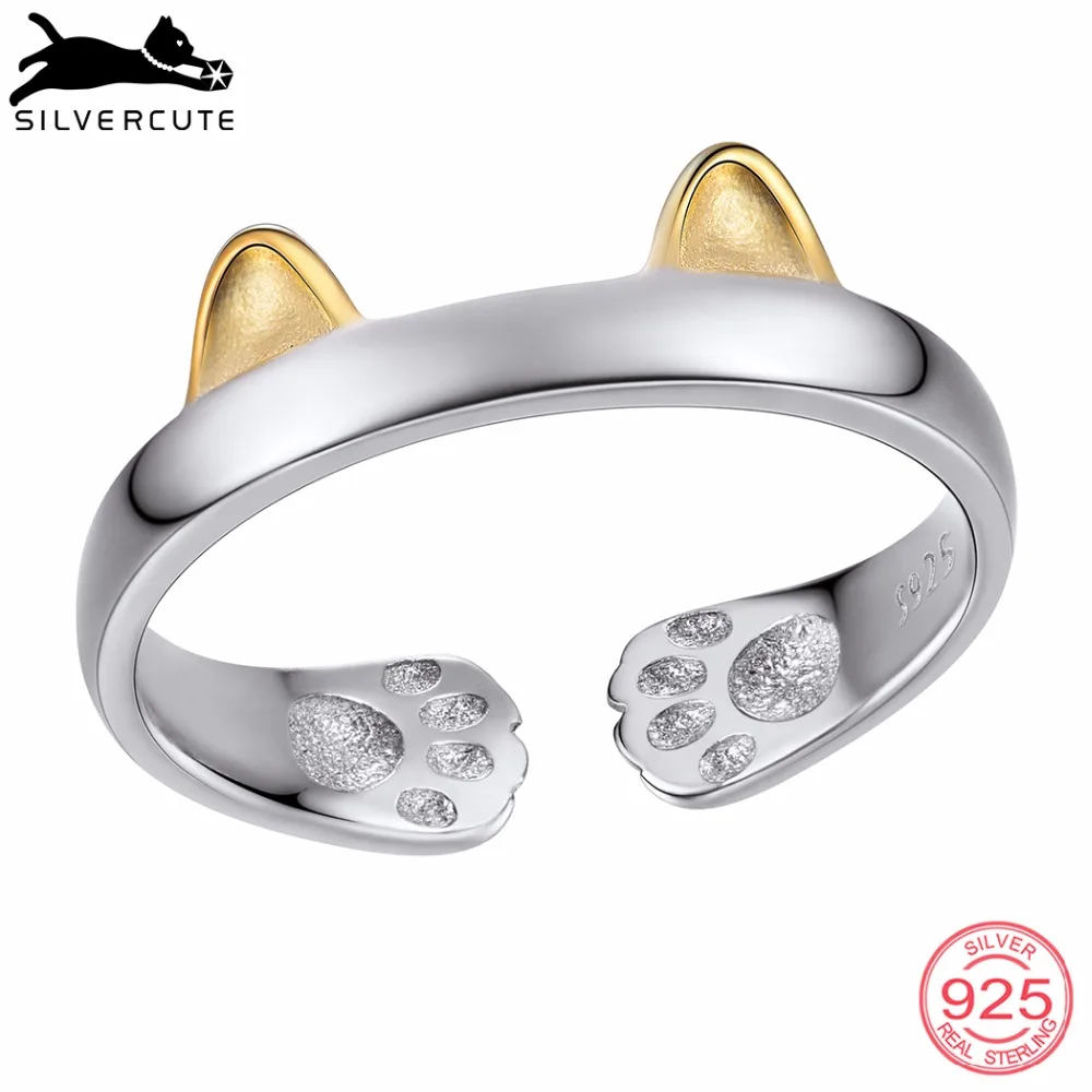 SILVERCUTE два тона кошачьи уши отпечаток лапы кольца для женщин золото Цвет