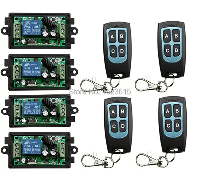 

DC12V 1CH 10A RF Wireless Remote Control Switch System teleswitch 4 transmitter & 4 receiver relay Receiver Smart Home Switch