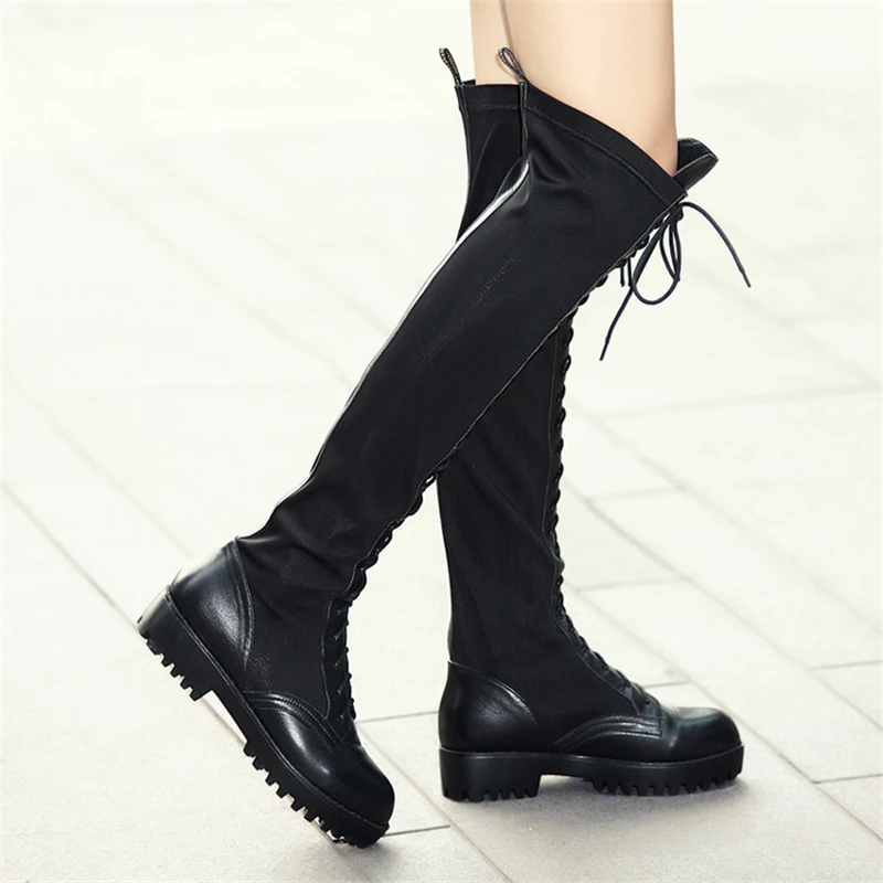 

Fashion Punk Women's Genuine Leather Low Heel Boots Cross Straps Over The Knee Boots Lace Up Flat Heel Black Size34 ~ 41
