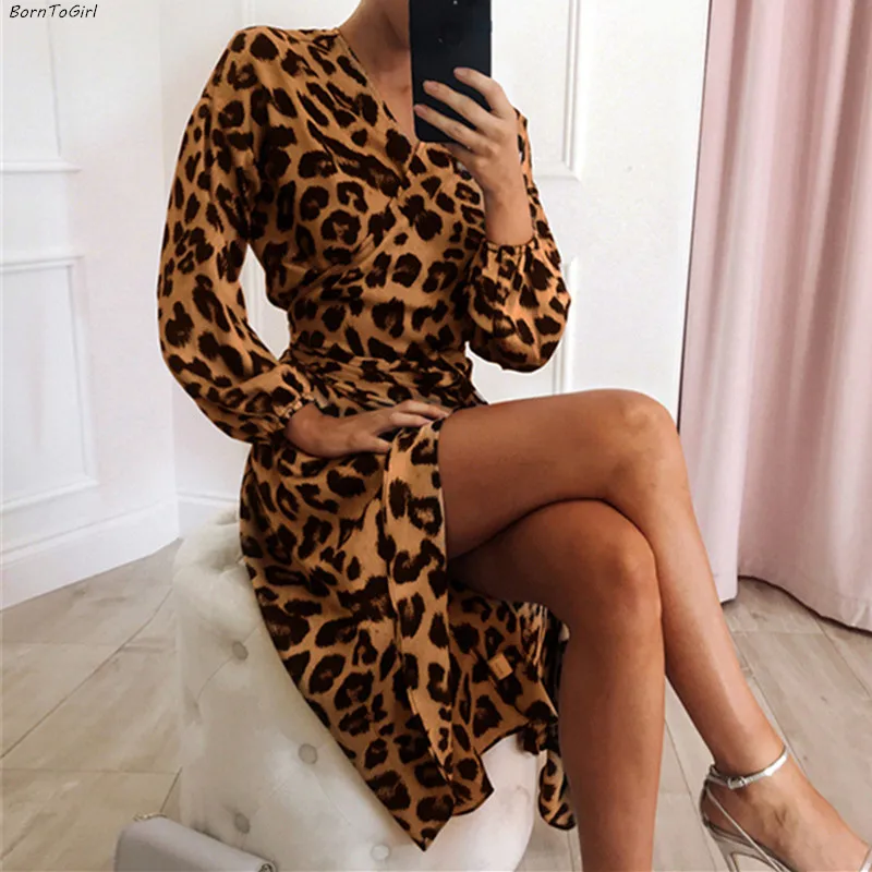 BornToGirl Весна Осень шифон с длинным рукавом V образным вырезом Леопардовый принт