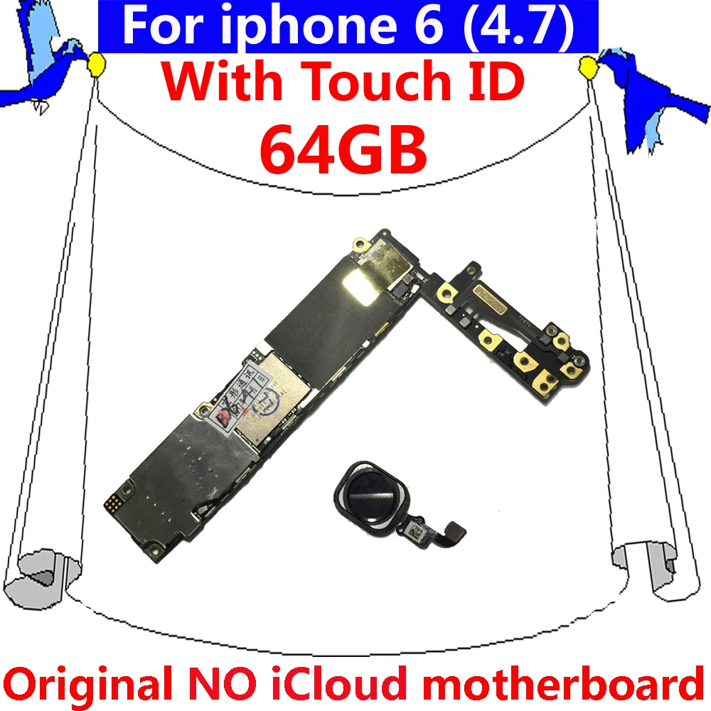 Чистая iCloud 64 Гб оригинальная материнская плата с/без touch ID для iphone 6 worlwide