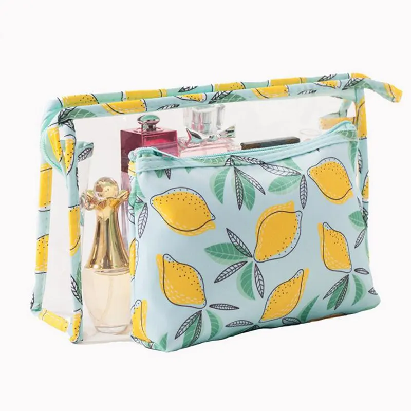 

2Pcs/Set Transparent PVC Lether Travel Makeup Bag Fruit Animal Cute Make Up Organizer Storage Zipper Multifunction Cosmetic Bag