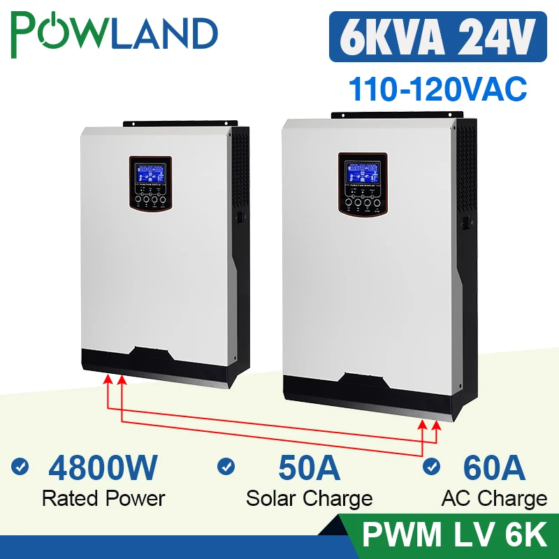 110В ШИМ солнечный инвертор 6Kva 4800 Вт 24В решетки 120В 50А Чистая синусоида Инвертор 60А
