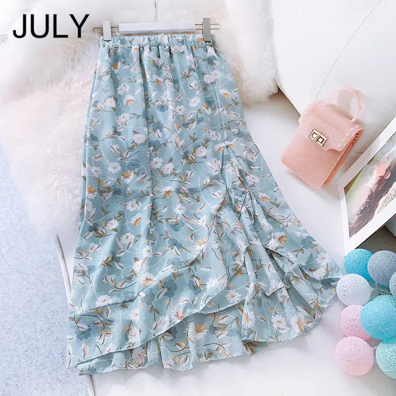 

JULY Long Chiffon Floral skirt Women 2019 Spring Summer Korean Elegant High Waist Irregular Medium long fishtail skirt Female