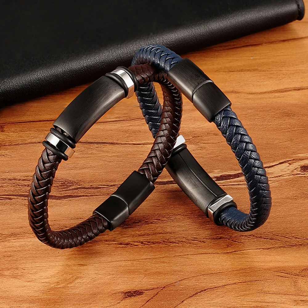 XQNI Stainless Steel Genuine Leather Men Bracelets 3 Colors For Men Birthday bracelet jewelry