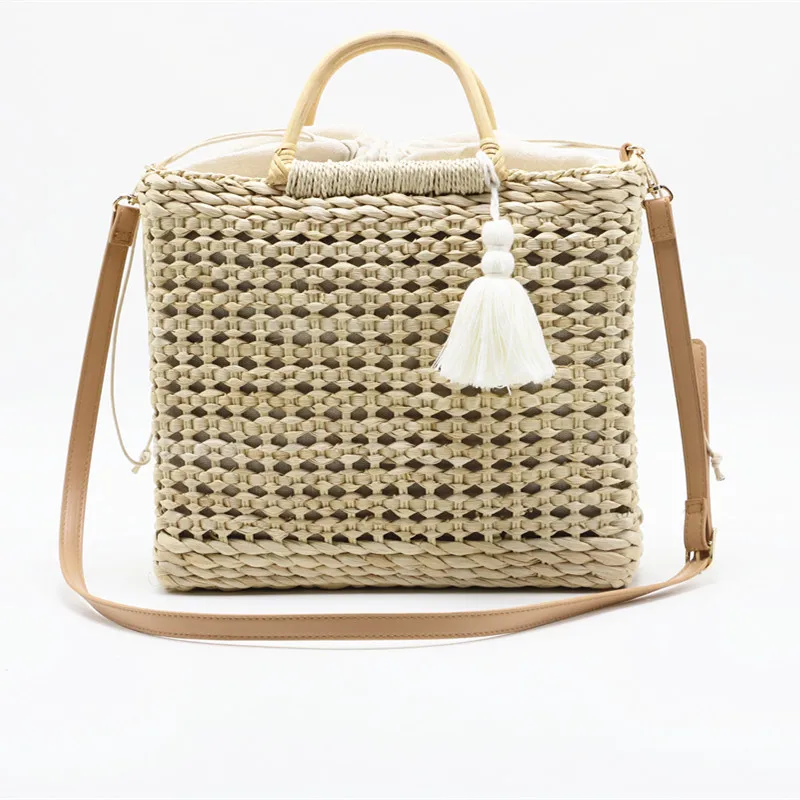 

Original Hollow fringed woven straw bag Wooden handle natural color shopping bag Woman fashion tassel messenger bag handbag