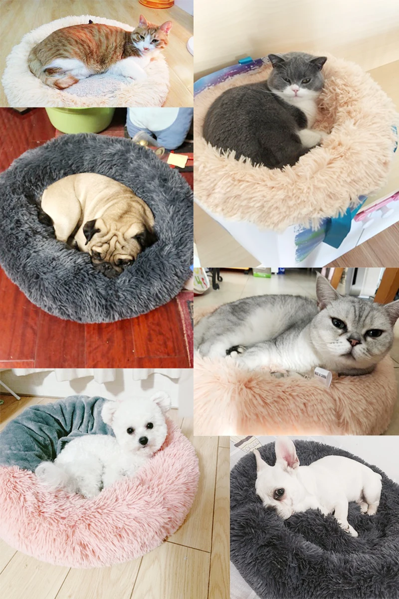 Мягкая длинная плюшевая круглая кровать для домашних животных, для маленьких и средних собак, зимняя теплая кровать для кошек, спальный лежак, домик для котенка, щенка, коврик для кровати
