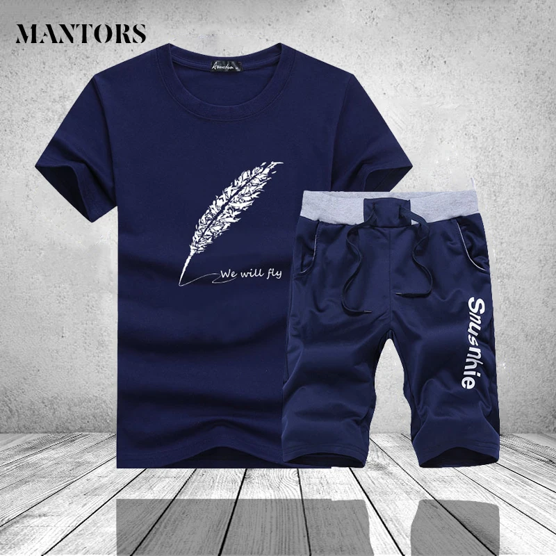 

Men Sportswear Suits for Teenagers Summer Two Pieces Printed O Neck T Shirt Shorts Set Mens Casual Tracksuit Pants Brand Clothes