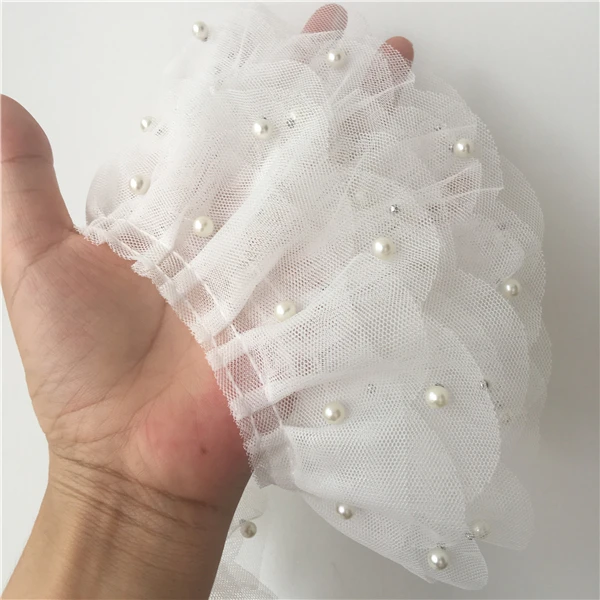 

1 Yard 3 Layers White Beaded Ruffled Lace Trim Pearl Pleated Lace Fabric DIY Accessories For Dolls, Waist Cuffs
