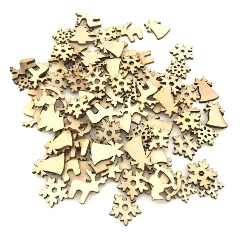 100Pcs DIY Craft Wood Chip Reindeer Snowflake Xmas Tree Ornaments Home Party Decor H99F