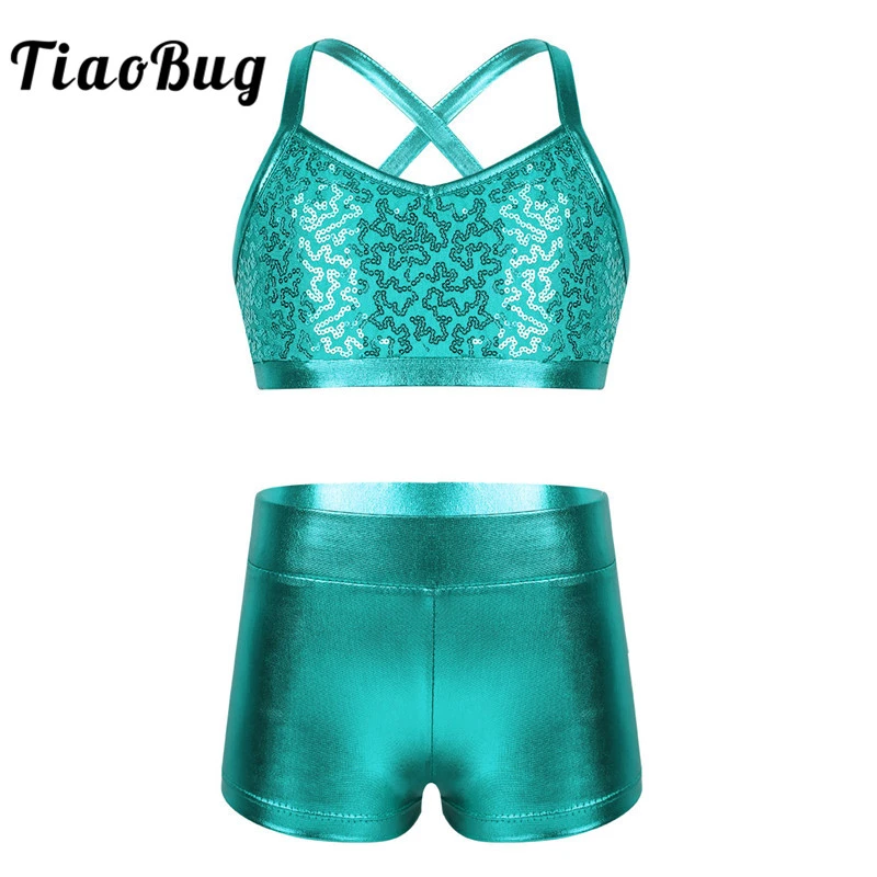 Girls Gymnastics Ballet Jumpsuit Kids Dance Sports Crop Top+Shorts Leotards Set