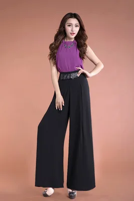 Женские Модные шифоновые брюки, плиссированные широкие брюки с высокой талией, свободные летние брюки, женские элегантные прямые тонкие брюки больших размеров - Цвет: Черный