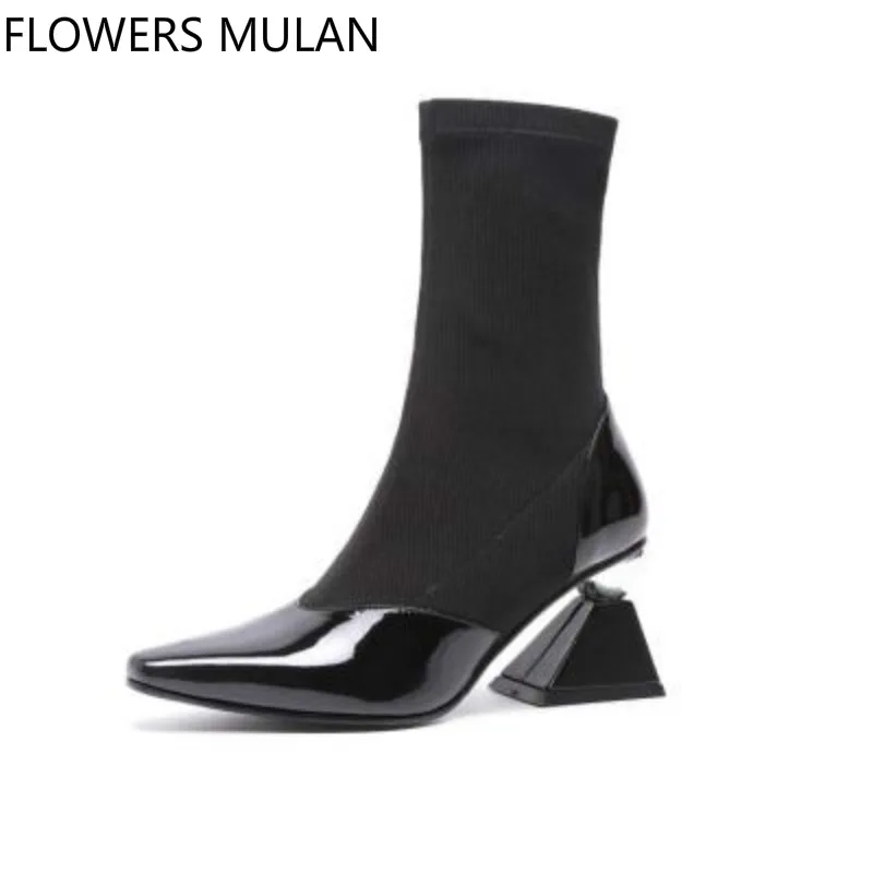 

2018 New Designers Women Ankle Boots Chic Pointed Toe Patchwork Leather Stretch Fabric Upper Building Blocks Heel Chelsea boots